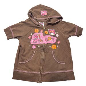 Sanrio My Melody Girls Brown Short Sleeve Hooded Sweatshirt Zip Up Pink Accents